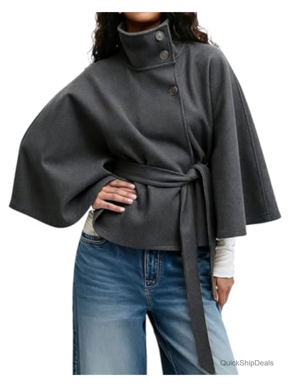 Wool Blend Batwing Sleeve Poncho Pea Coat Belted Cape Jacket Winter